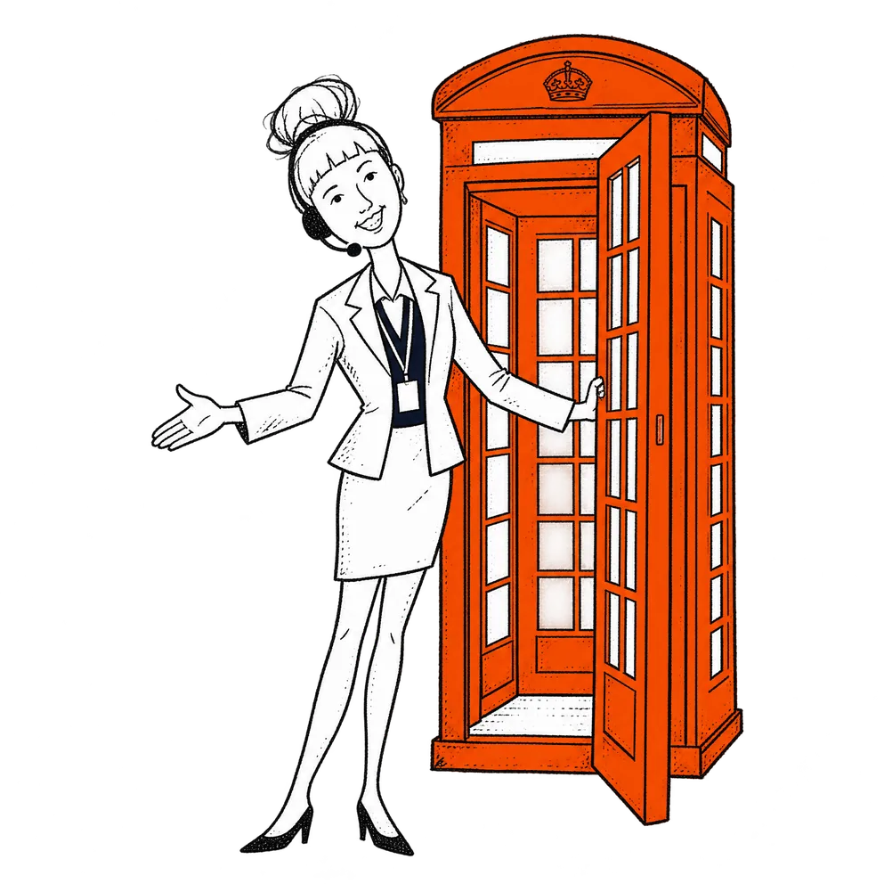 A recruiter holding open the door of a phone box