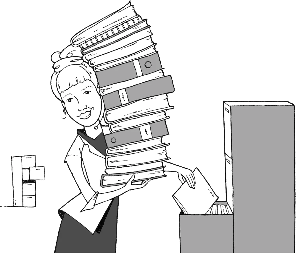 A woman carrying a huge stack of files
