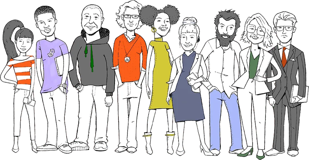 The ALS team drawn as a line-up of characters