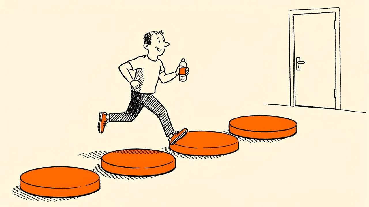 A job hunter jogging calmly across orange stepping stones towards a door