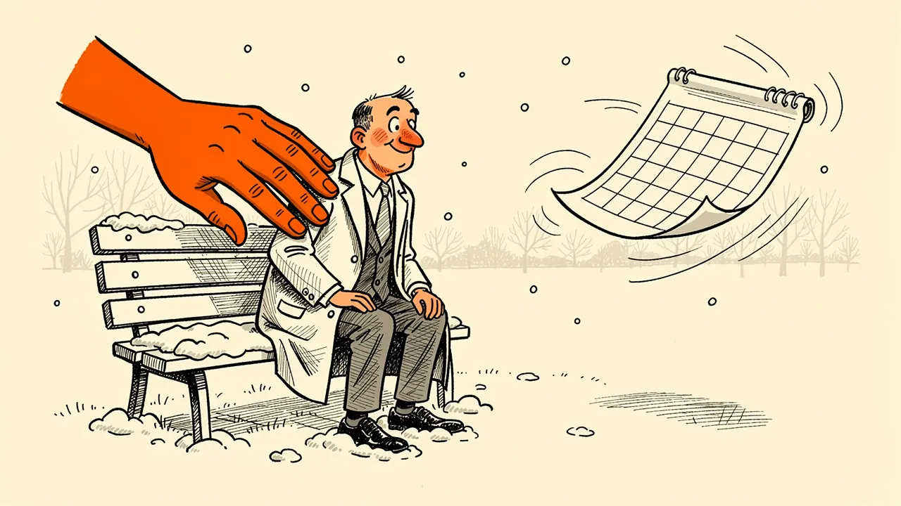 A man on a snowy bench being patted on the back by a giant orange hand as a calendar page blows away