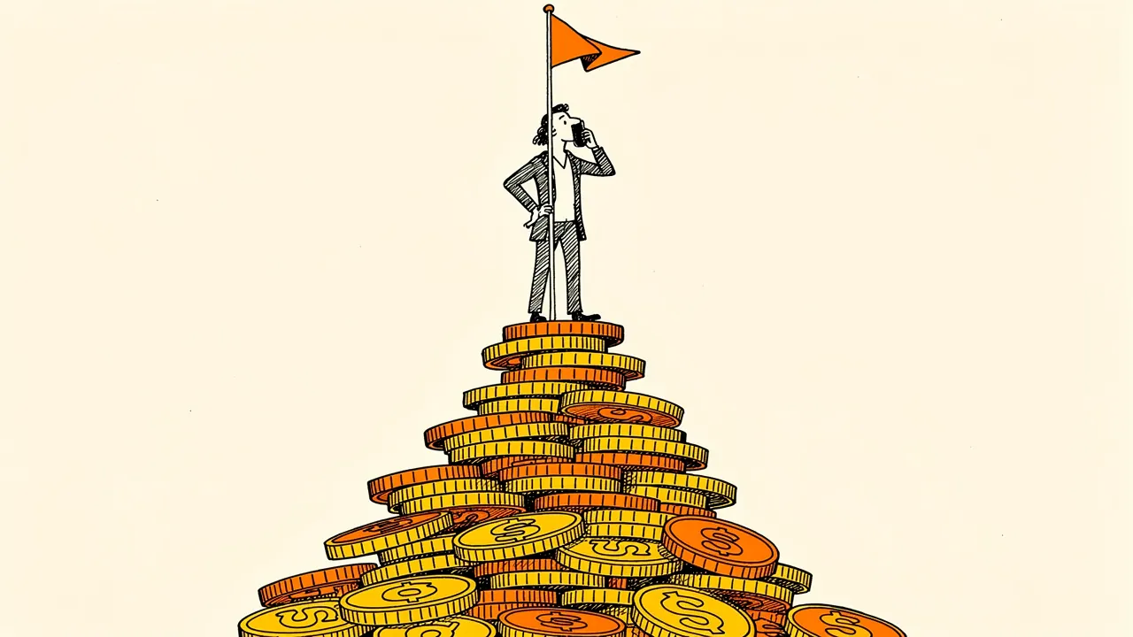 A recruiter on the phone planting an orange flag on top of a mountain of coins