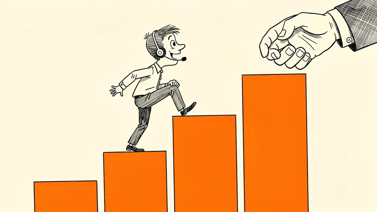 A young recruiter climbing three orange steps towards a handshake