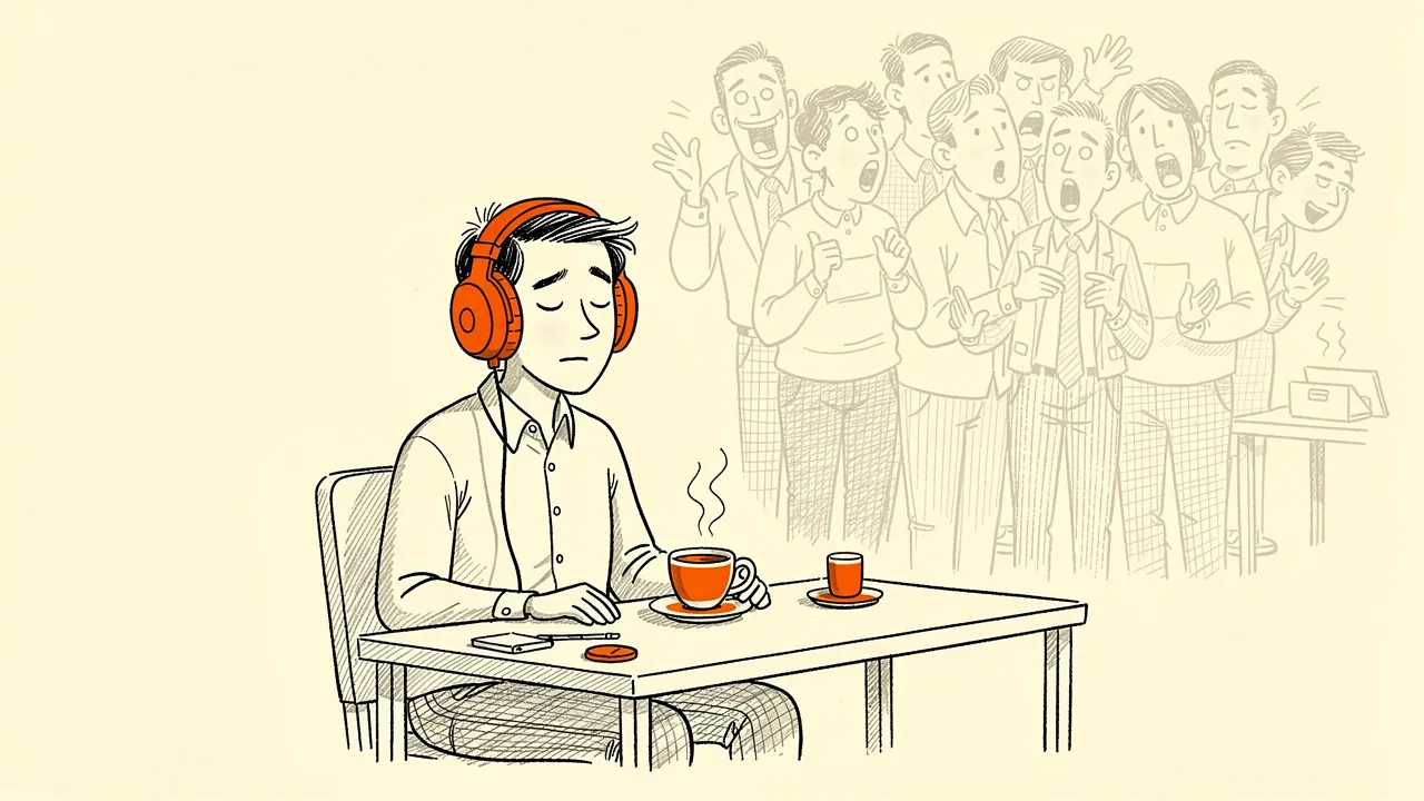 A calm introvert in orange headphones with a cup of tea while colleagues chatter behind