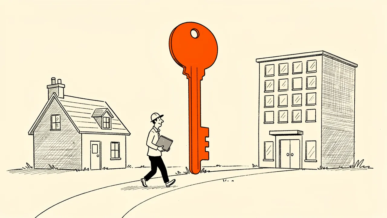 A worker walking between a house and an office past a giant orange key