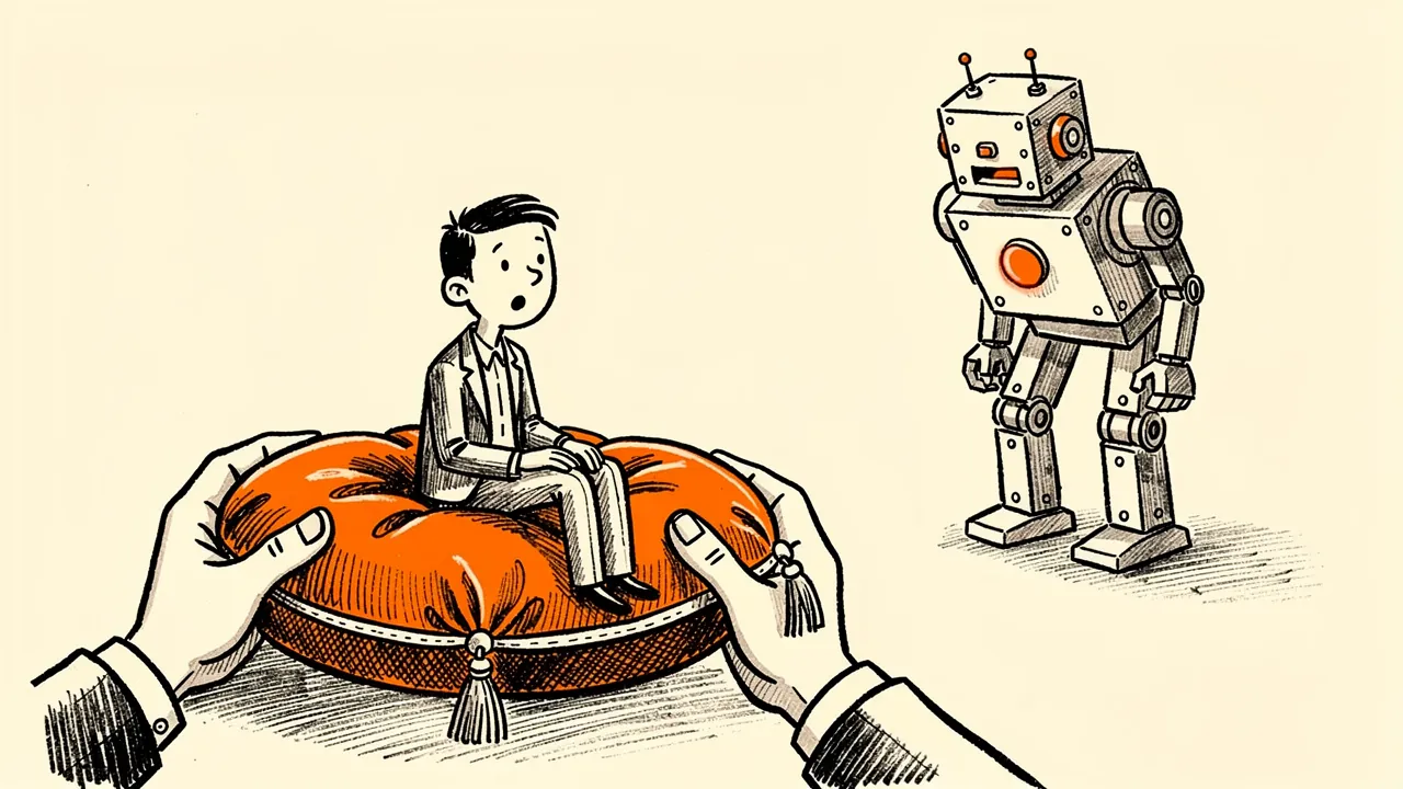 A recruiter placed on an orange velvet cushion while a robot stands to one side