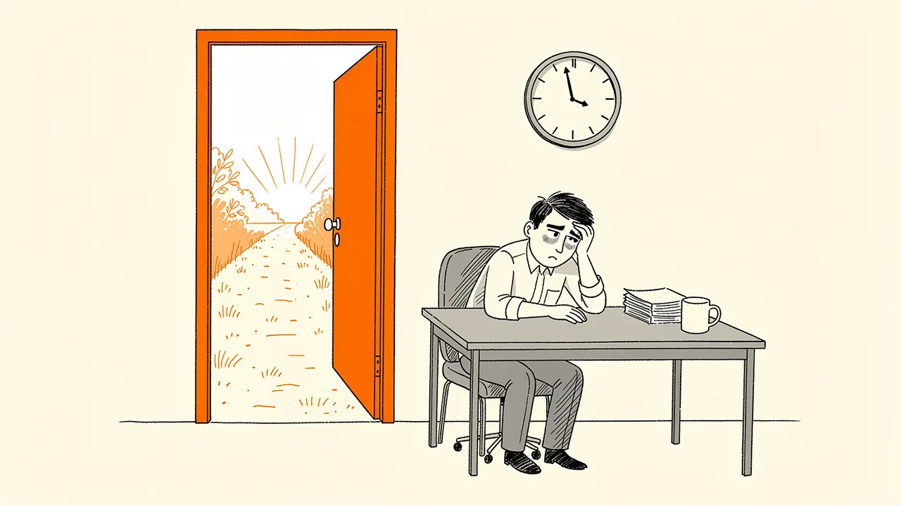 A fed-up office worker at a desk beside an open orange door leading to a sunny path
