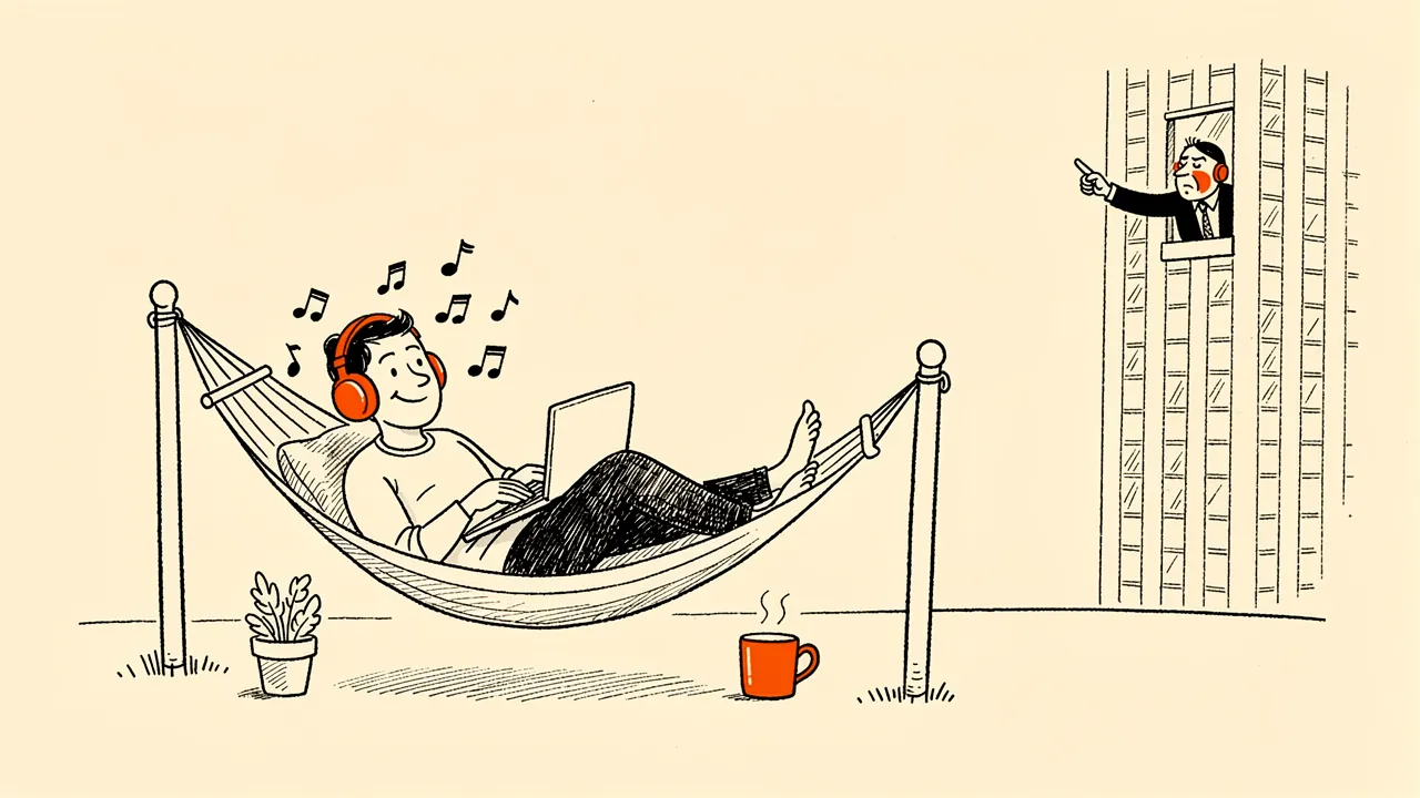 A worker in orange headphones working from a hammock while a distant boss wags a finger