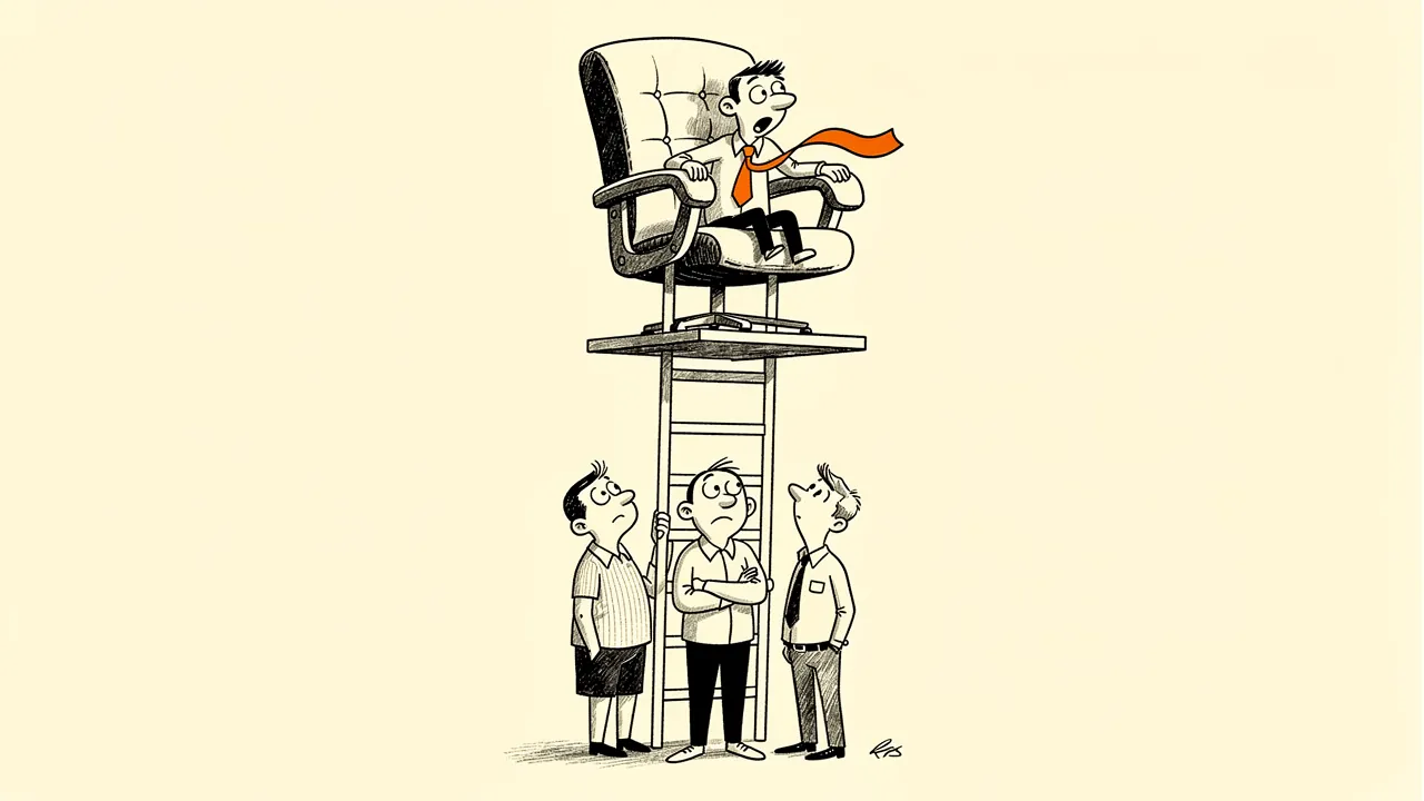 A star performer wobbling on a manager's chair balanced on top of a ladder