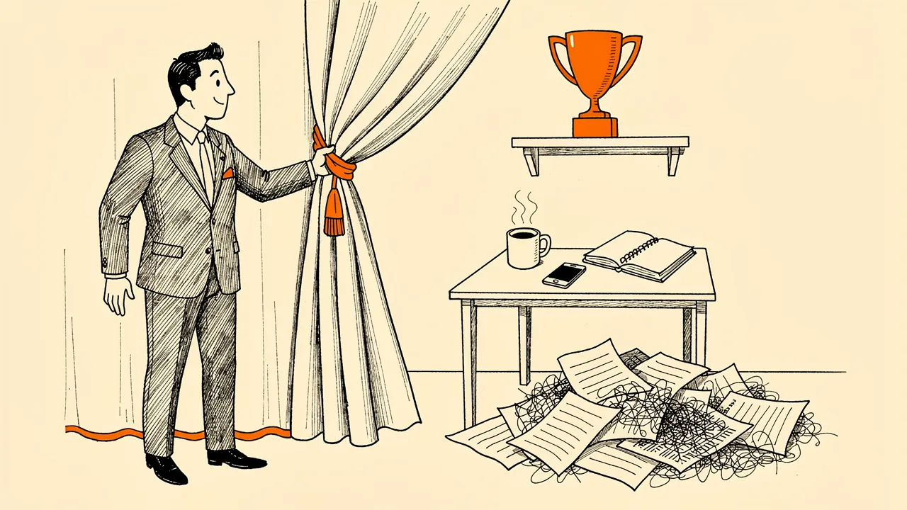 A top recruiter pulling back a curtain to reveal a simple desk and an orange trophy