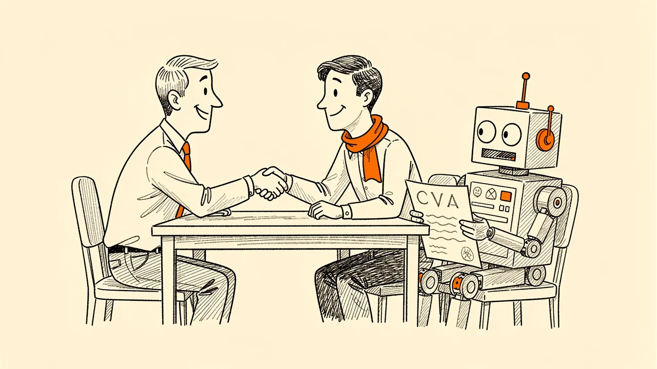 A recruiter and candidate shaking hands while a confused robot looks on