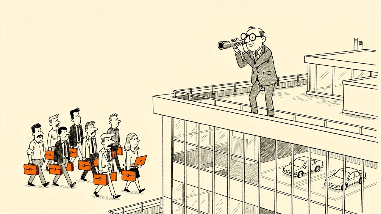 An executive looking through a tiny telescope while staff walk away with orange briefcases